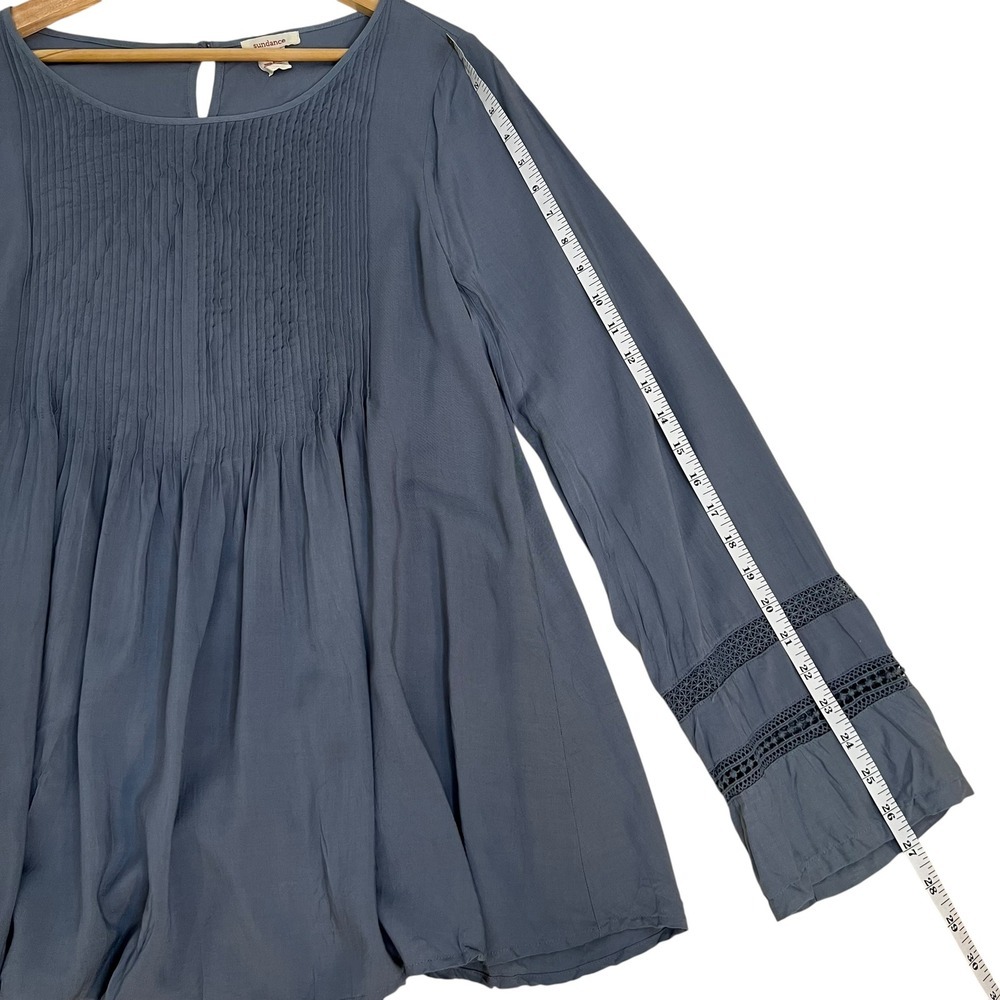 Sundance Catalog Pintuck Ling Sleeve Tunic Blouse Crochet Sleeve Dusty Blue SZ S - Picture 9 of 9